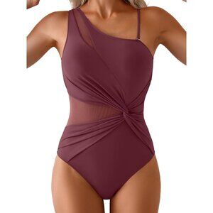 One Shoulder One-Piece Swimsuit Women's XL Mesh Tummy Control Bathing Suit Twist